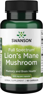 Swanson Full Spectrum Lion's Mane Mushroom 500mg 60 Capsules bottle on a white background