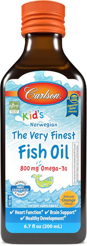 Front image: Carlson Kids fish oil liquid omega 3 800 mg orange flavour 200 ml bottle