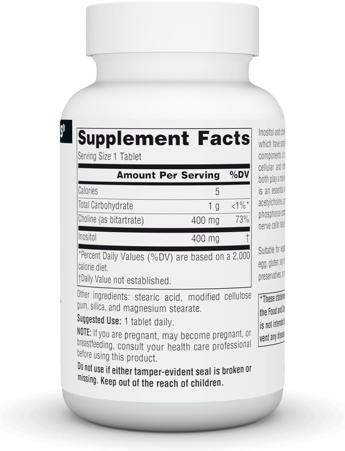 Supplement facts & ingredients image: Source Naturals Inositol & Choline 800mg tablets ingredient panel 50 count