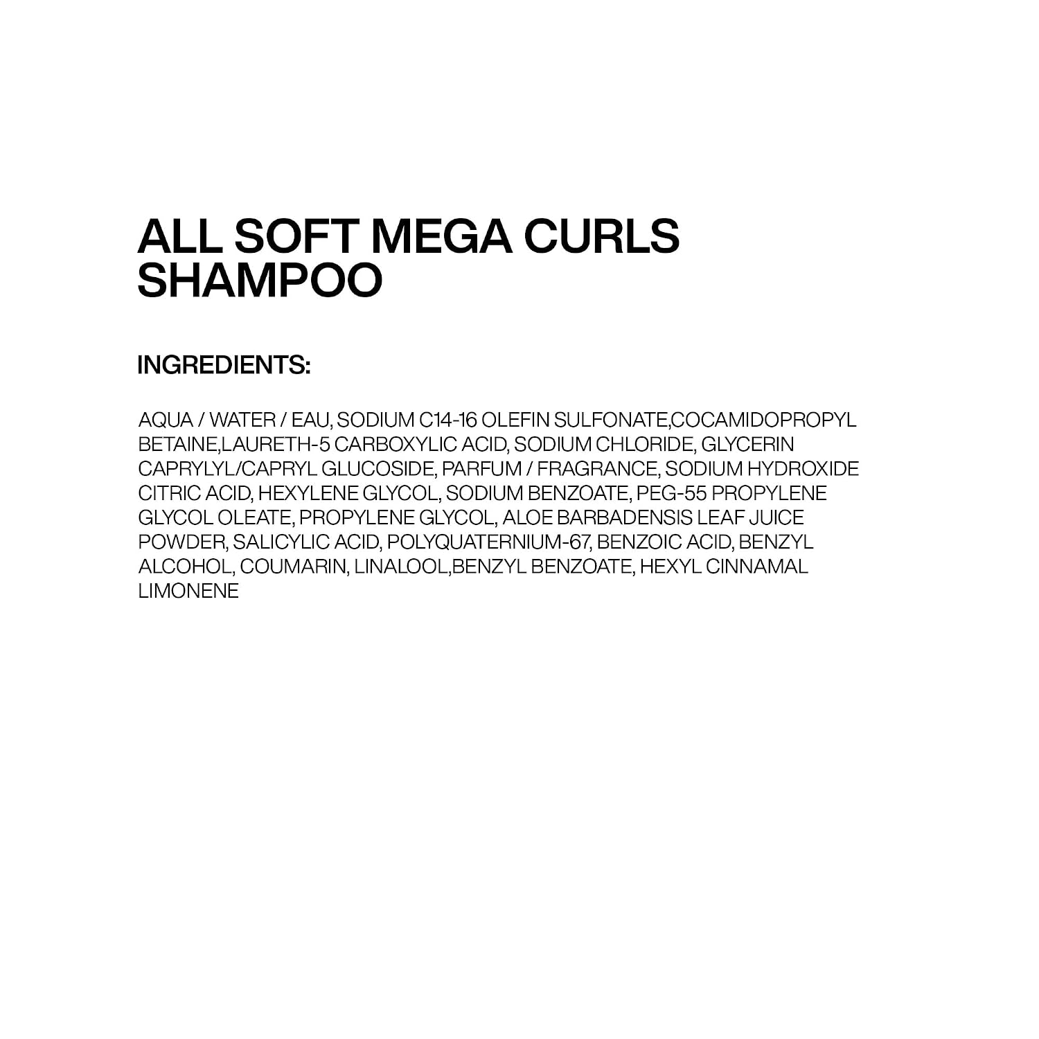 Redken All Soft Mega Curls Shampoo and Conditioner Bundle ingredient panel with aloe vera glycerin cactus flower extract and Inca Inchi oil