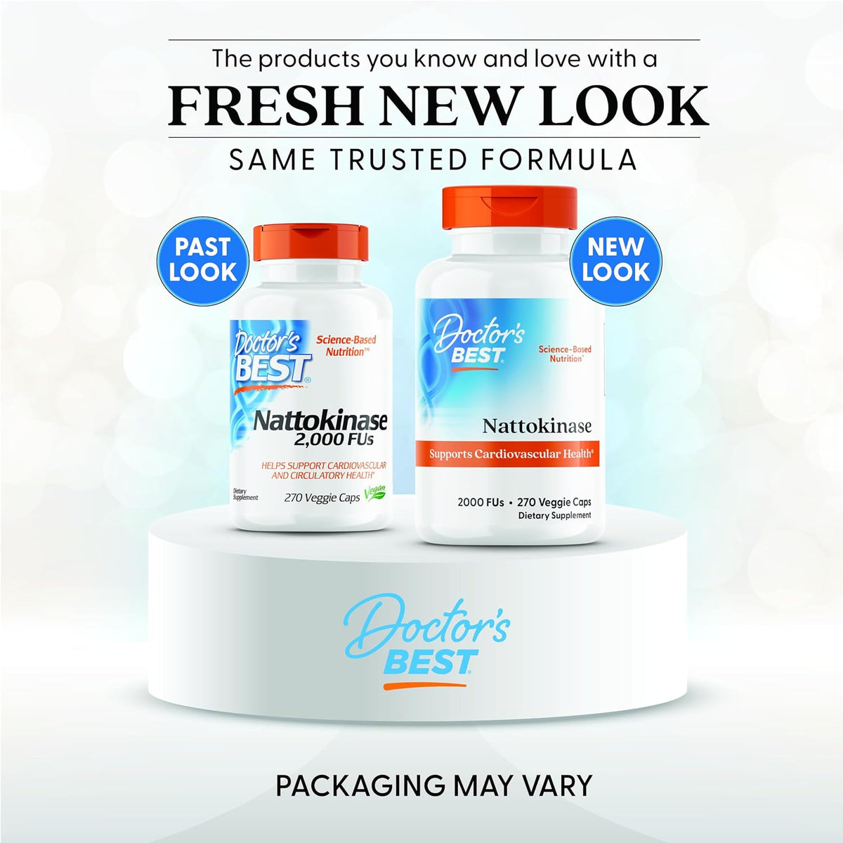 Doctor's Best Nattokinase, bottle packaging, unflavoured, 2000 FU, 90 or 270 veggie capsules, new packaging