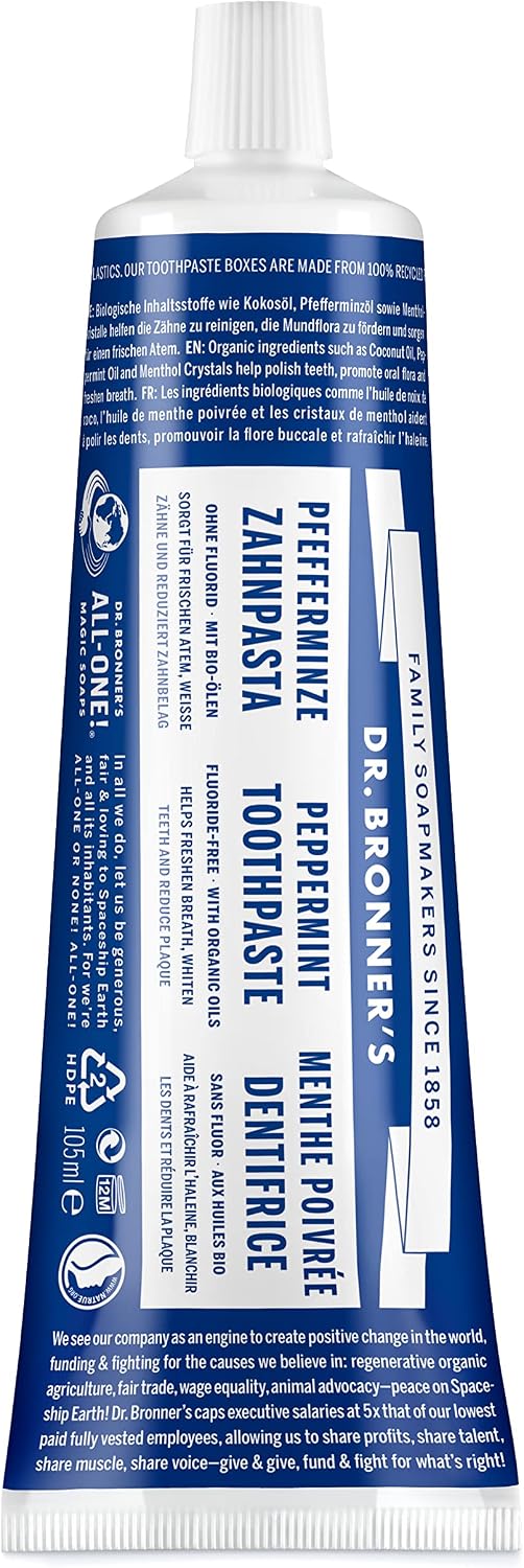 Dr. Bronner's Peppermint Fluoride Free Toothpaste 105ml tube