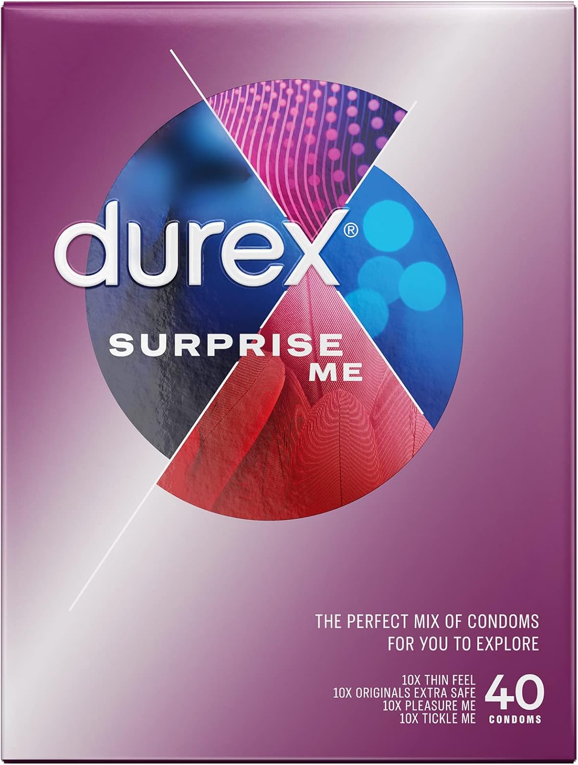 Durex Surprise Me Variety Pack Condoms 40 Count Packaging Close Up Front Design