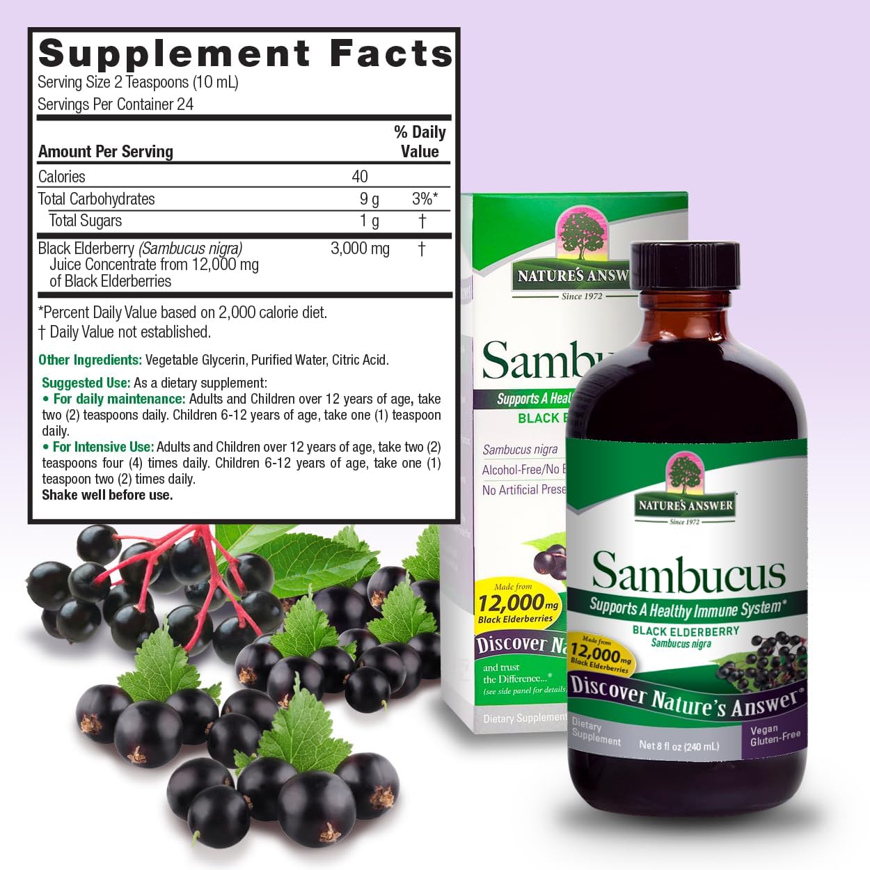 Nature’s Answer Sambucus elderberry syrup ingredient label 240ml back view on a white background