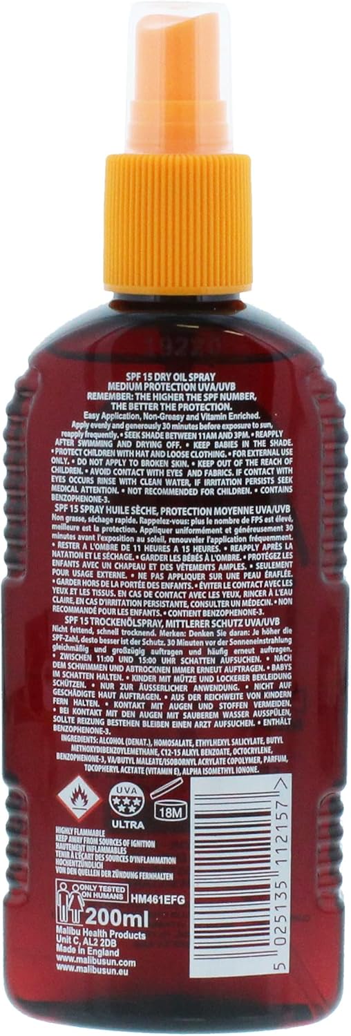 Malibu SPF15 Dry Oil Spray – Medium Protection – 200ml Lightweight, Fast-Absorbing Sun Protection with a Nourishing Finish