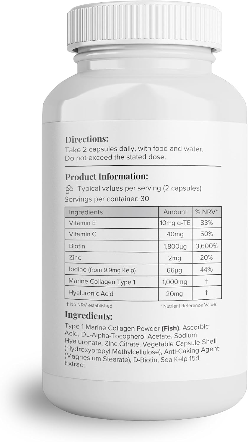 Supplement facts panel for collagen, HA, and vitamin complex.