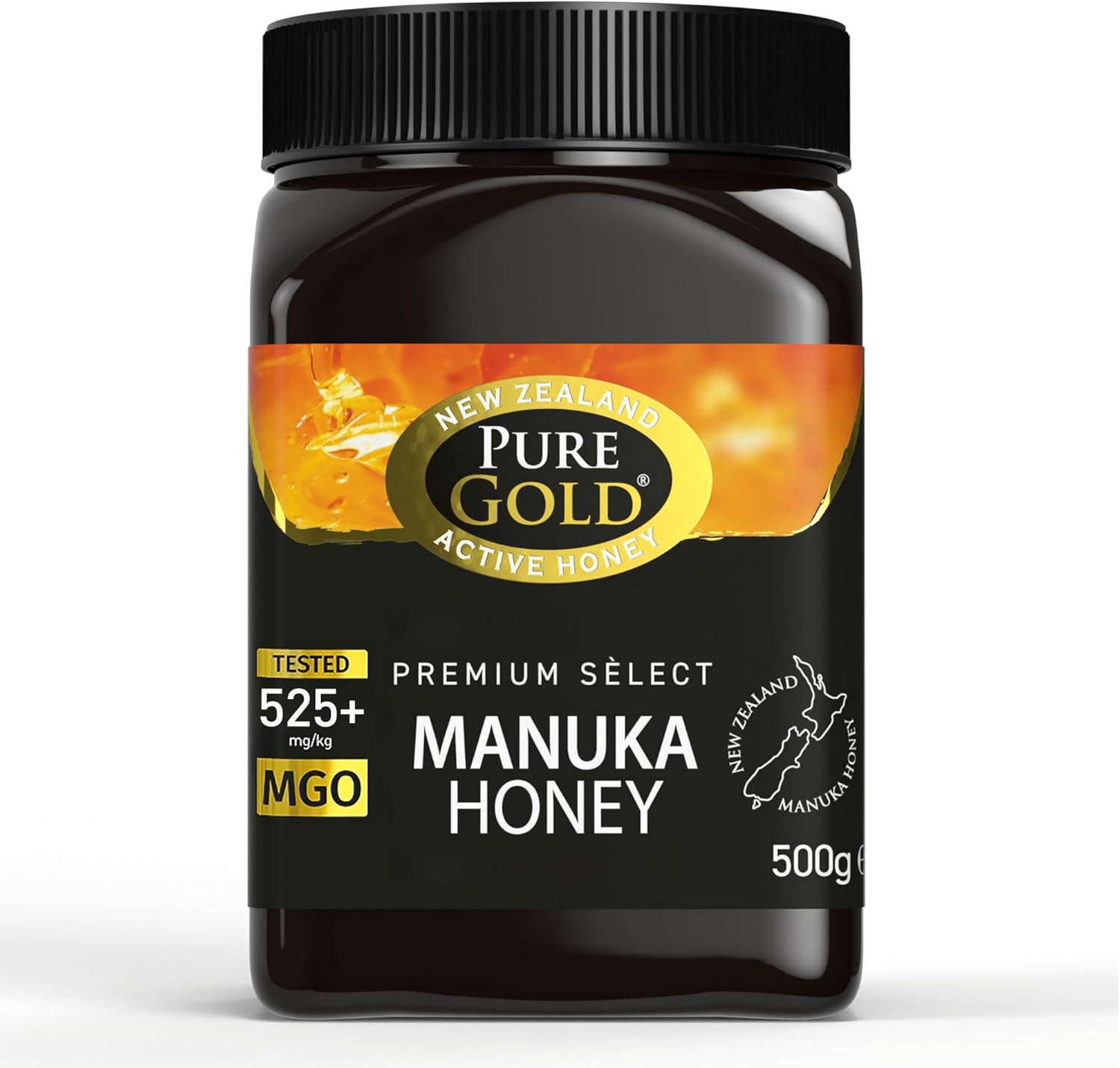 Front image: Pure Gold Manuka honey MGO 525 plus jar raw honey 500g