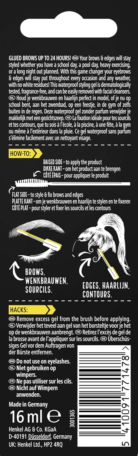 got2b Glued 2 in 1 Brow & Edge Styling Gel, carton and tube packaging, fragrance not specified, 16ml, barcode