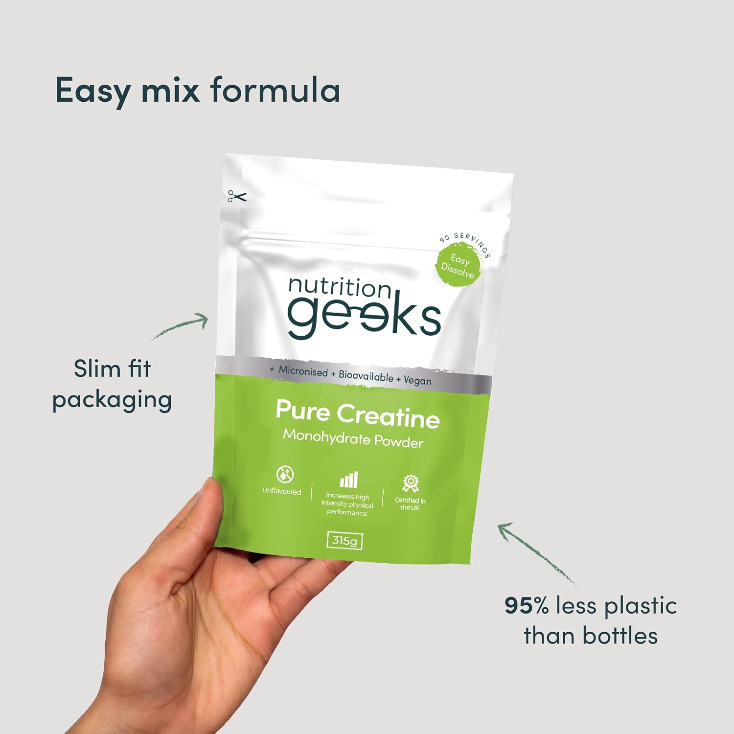 Nutrition Geeks Pure Creatine Monohydrate Powder, supplement pouch packaging, Unflavoured, 315g, daily supplement mixing use