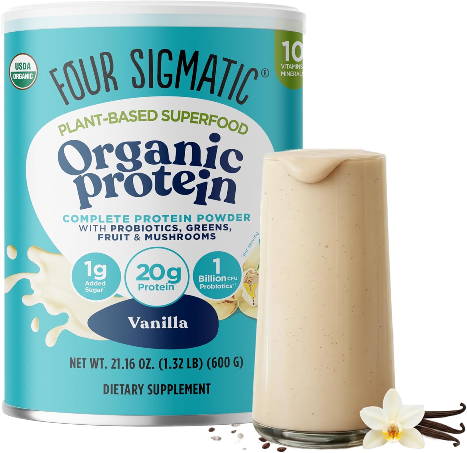Four Sigmatic Organic Plant-Based Vanilla Protein Powder 600g Tub.
