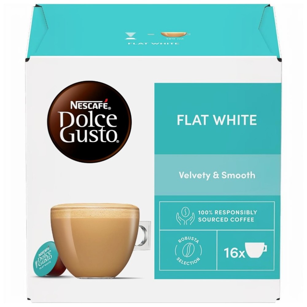 Nescafé Dolce Gusto Flat White Coffee Capsules 16 pack front packaging