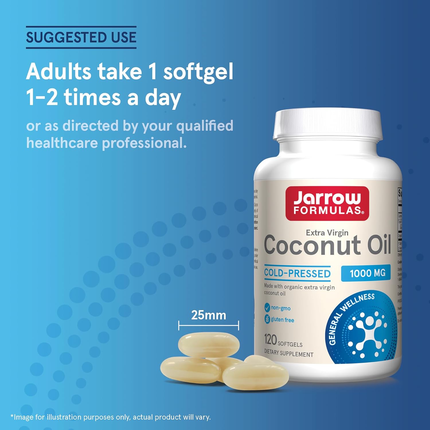How to Use Image: Jarrow Formulas coconut oil 1000mg softgels usage instructions 120 count