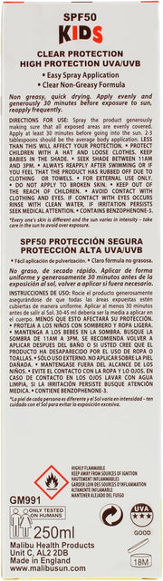 Malibu Clear Protection SPF50 Kids Sunscreen Spray ingredients label 200ml bottle