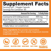 Doctor's Best High Absorption CoQ10 with BioPerine, bottle packaging, unflavoured, 400mg, 60 veggie capsules, supplement facts and ingredients