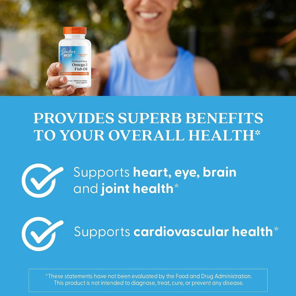 Doctor's Best Purified & Clear Omega 3 Fish Oil, bottle packaging, no flavour, 2000mg, 120 marine softgels, daily dietary supplement use