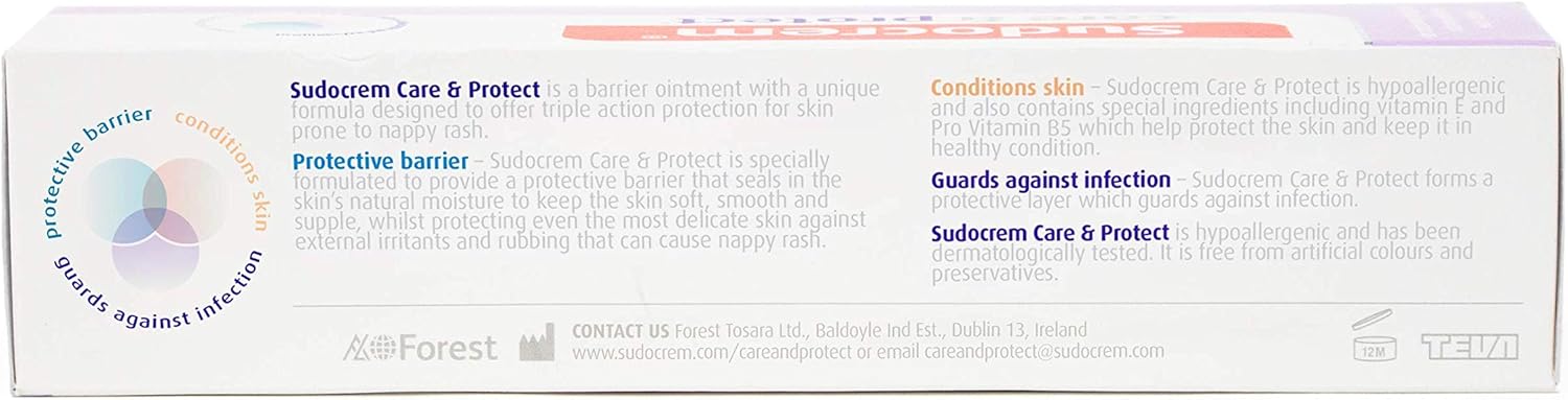 Supplement facts & ingredients image: Sudocrem Care & Protect nappy cream ingredient panel tube 100g