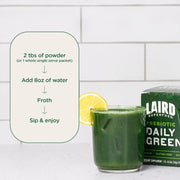 How to Use: Laird Superfood prebiotic daily greens powder mixing instructions 420g on white background