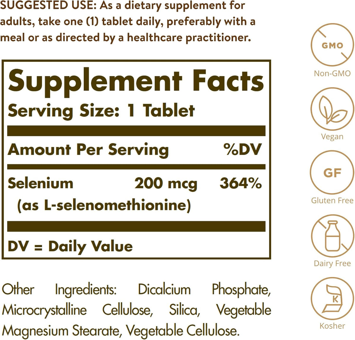 Solgar Yeast-Free Selenium 200mcg, dietary supplement tablet bottle packaging, no flavour, 250 tablets, ingredients and nutritional information