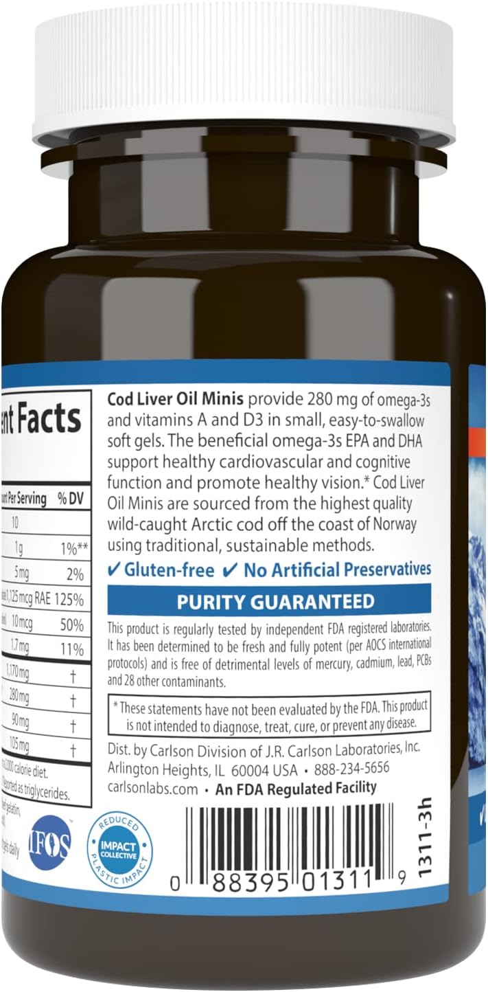 Barcode image: Carlson Cod Liver Oil Minis softgels barcode bottle 100 count