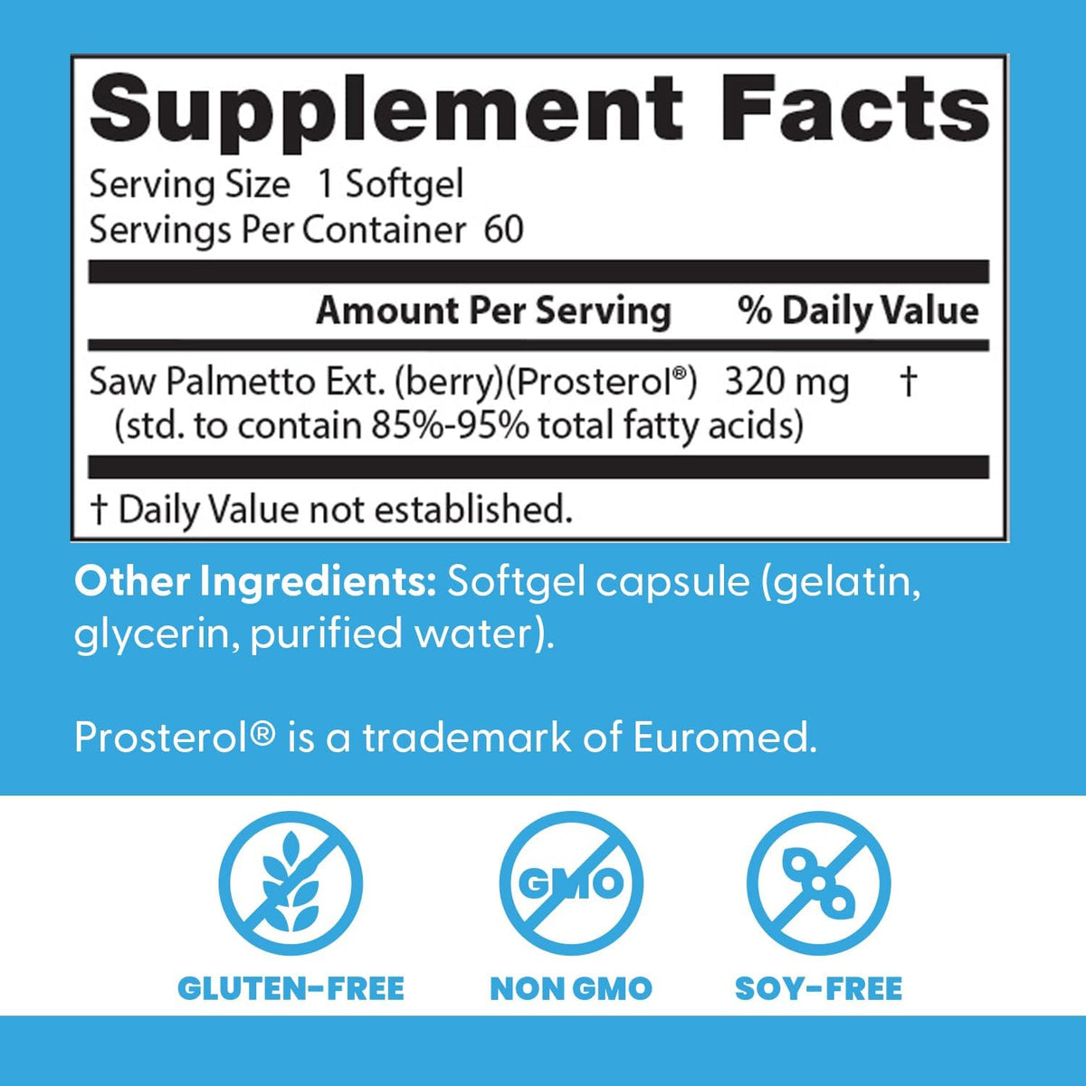 Doctor's Best Saw Palmetto 320mg Standardized Extract, bottle packaging, unflavoured, 320mg, 60 or 180 softgels, supplement facts and ingredients