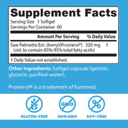 Doctor's Best Saw Palmetto 320mg Standardized Extract, bottle packaging, unflavoured, 320mg, 60 or 180 softgels, supplement facts and ingredients