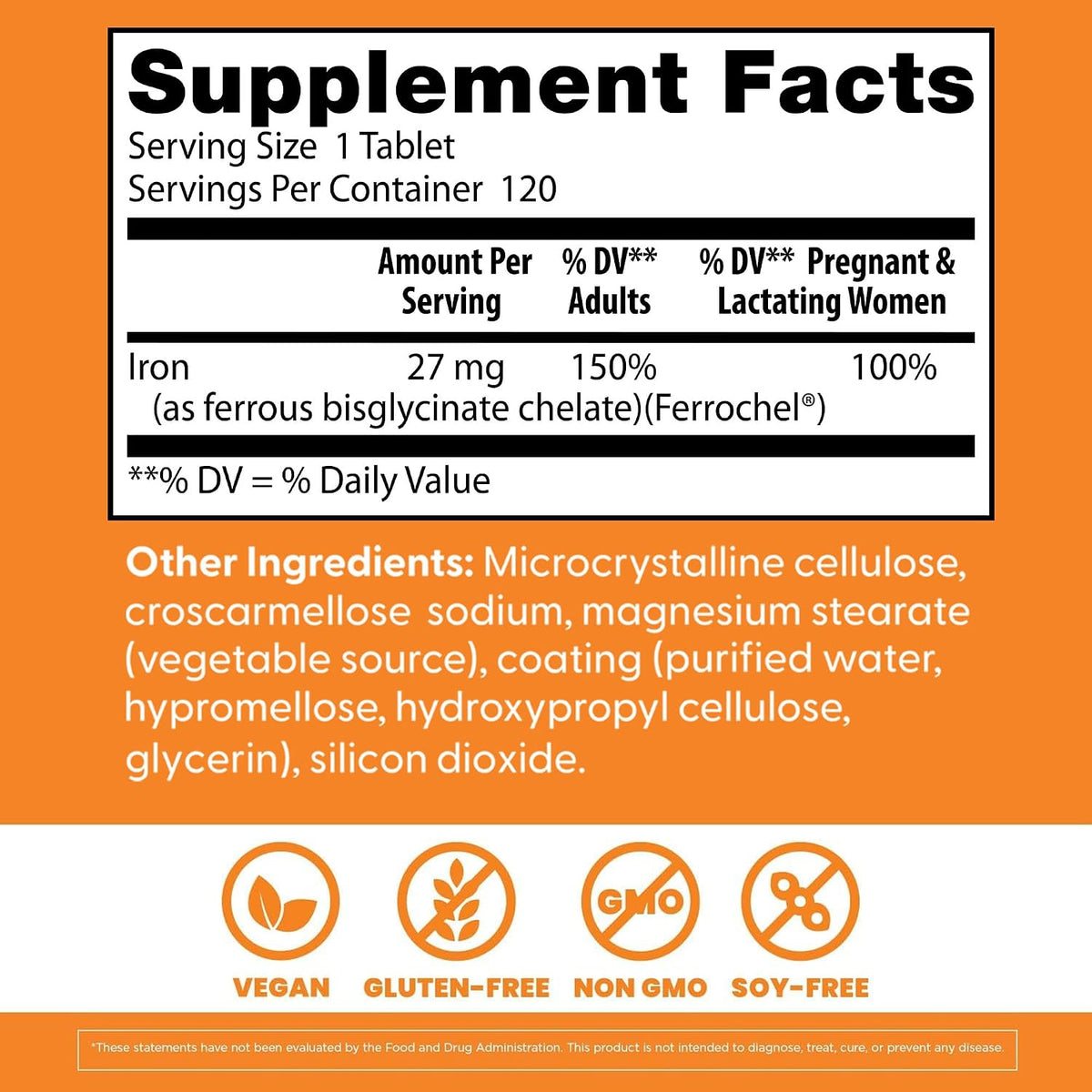 Doctor's Best High Absorption Chelated Iron, bottle packaging, unflavoured, 27mg, 120 tablets, supplement facts and ingredients