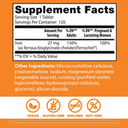 Doctor's Best High Absorption Chelated Iron, bottle packaging, unflavoured, 27mg, 120 tablets, supplement facts and ingredients