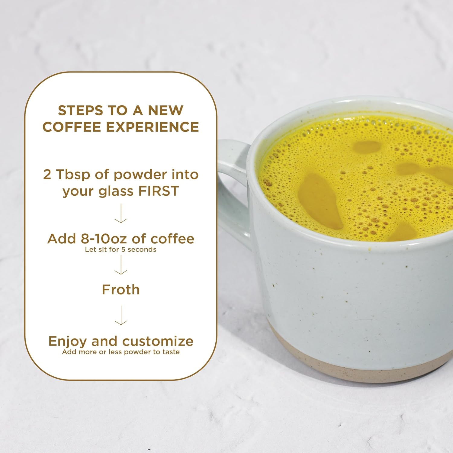 How to Use: Laird Superfood turmeric coffee creamer mixing instructions 227g on white background
