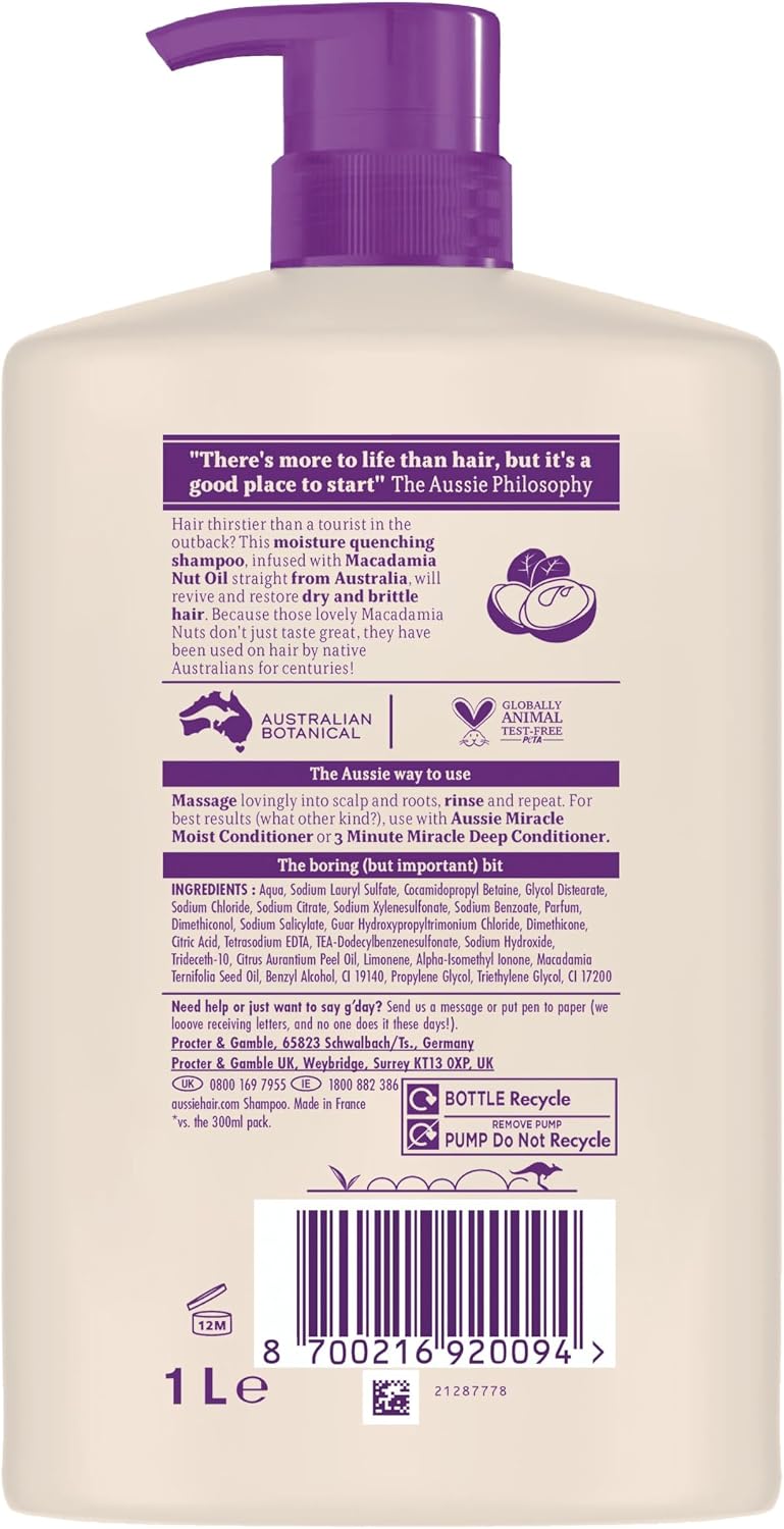 Aussie Miracle Moist Shampoo Pump Bottle 1L barcode packaging