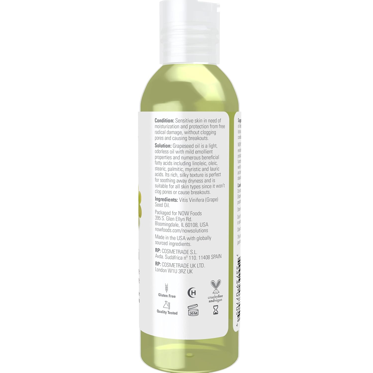 Supplement facts label and usage instructions for NOW Pure Grapeseed Oil.