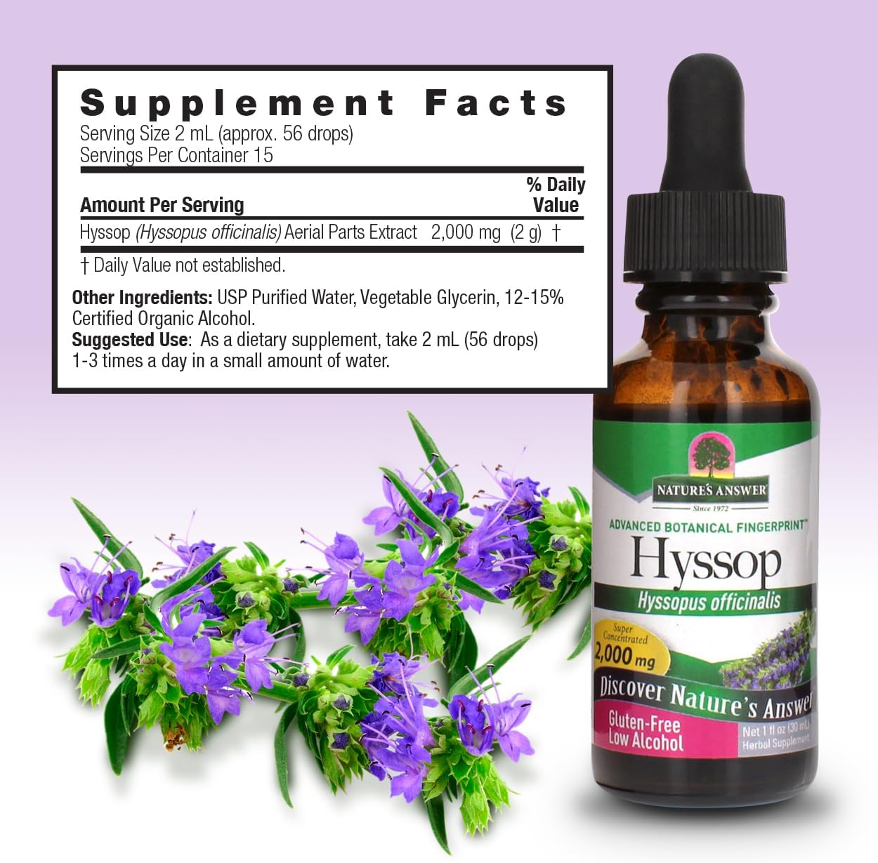 Nature’s Answer Hyssop Herb Liquid Extract 30ml supplement facts label on a light purple background