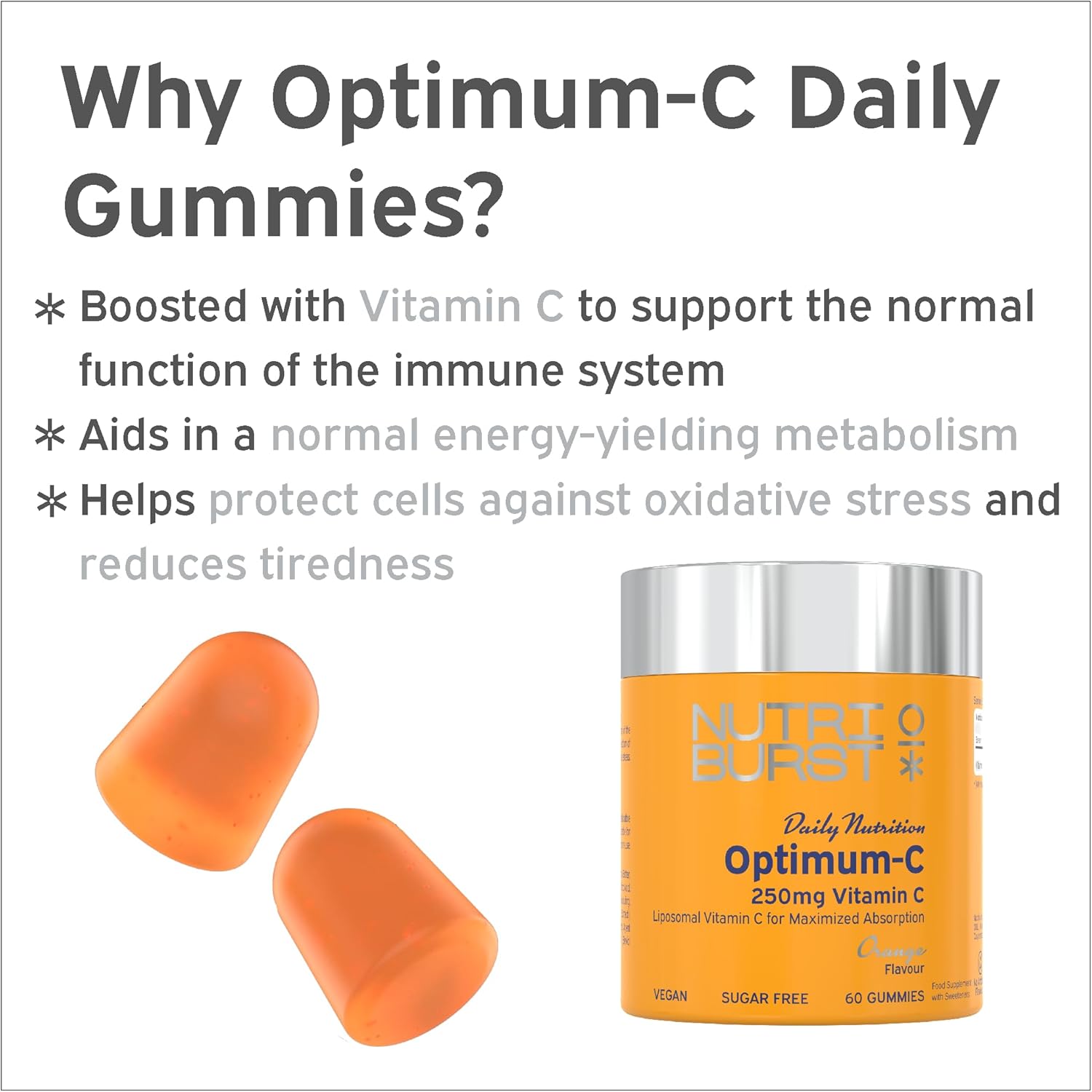Nutriburst Optimum C Liposomal Vitamin C Gummies jar, orange, 60 count.