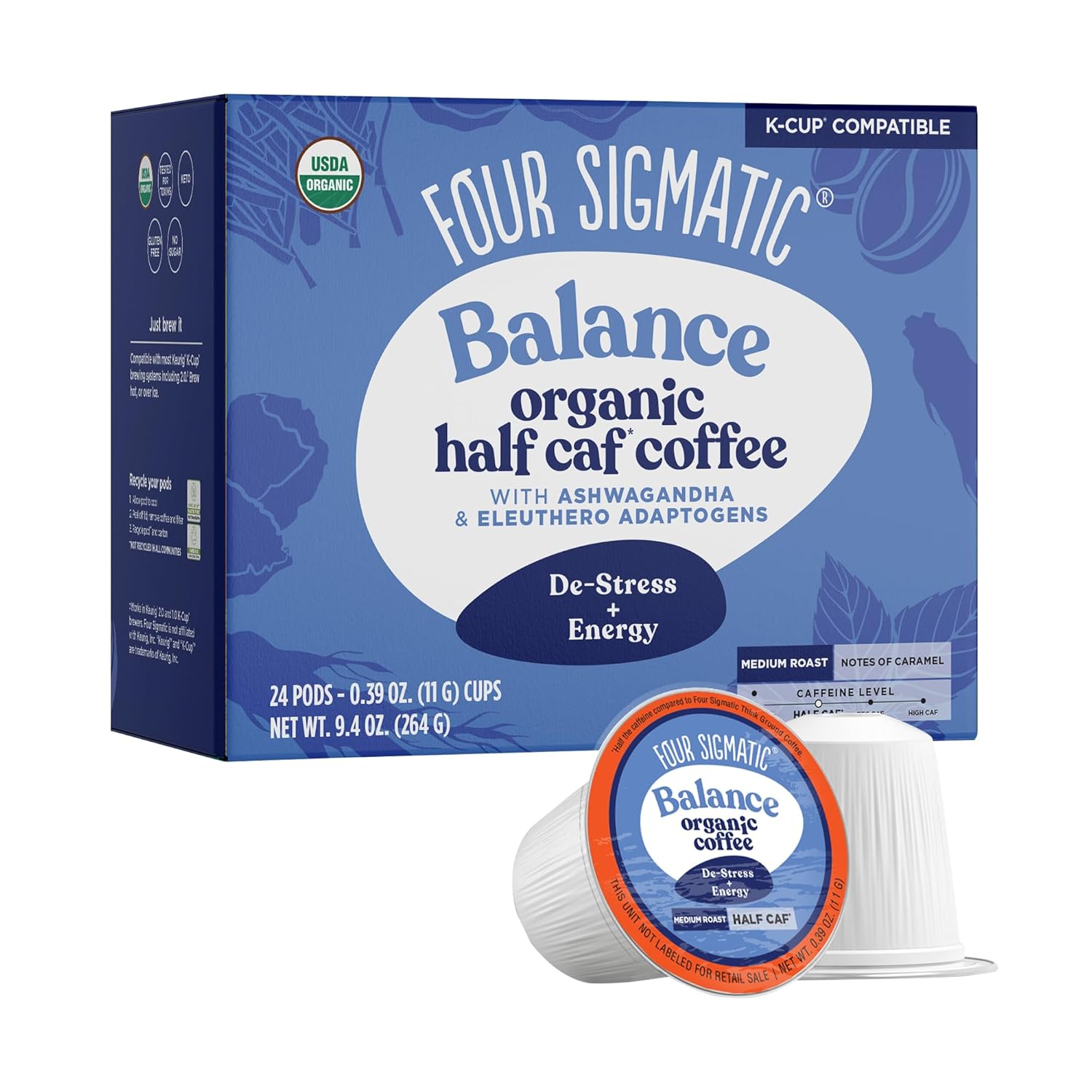Four Sigmatic Organic Half Caff Coffee Pods 24-Count Box, Medium Roast.