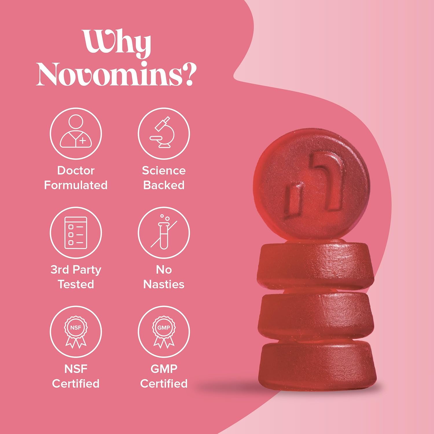 Novomins Biotin Gummies 10000mcg Peach 60 Count vegan gummies supplement close up