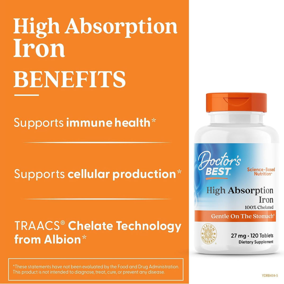 Doctor's Best High Absorption Chelated Iron, bottle packaging, unflavoured, 27mg, 120 tablets, daily dietary supplement use