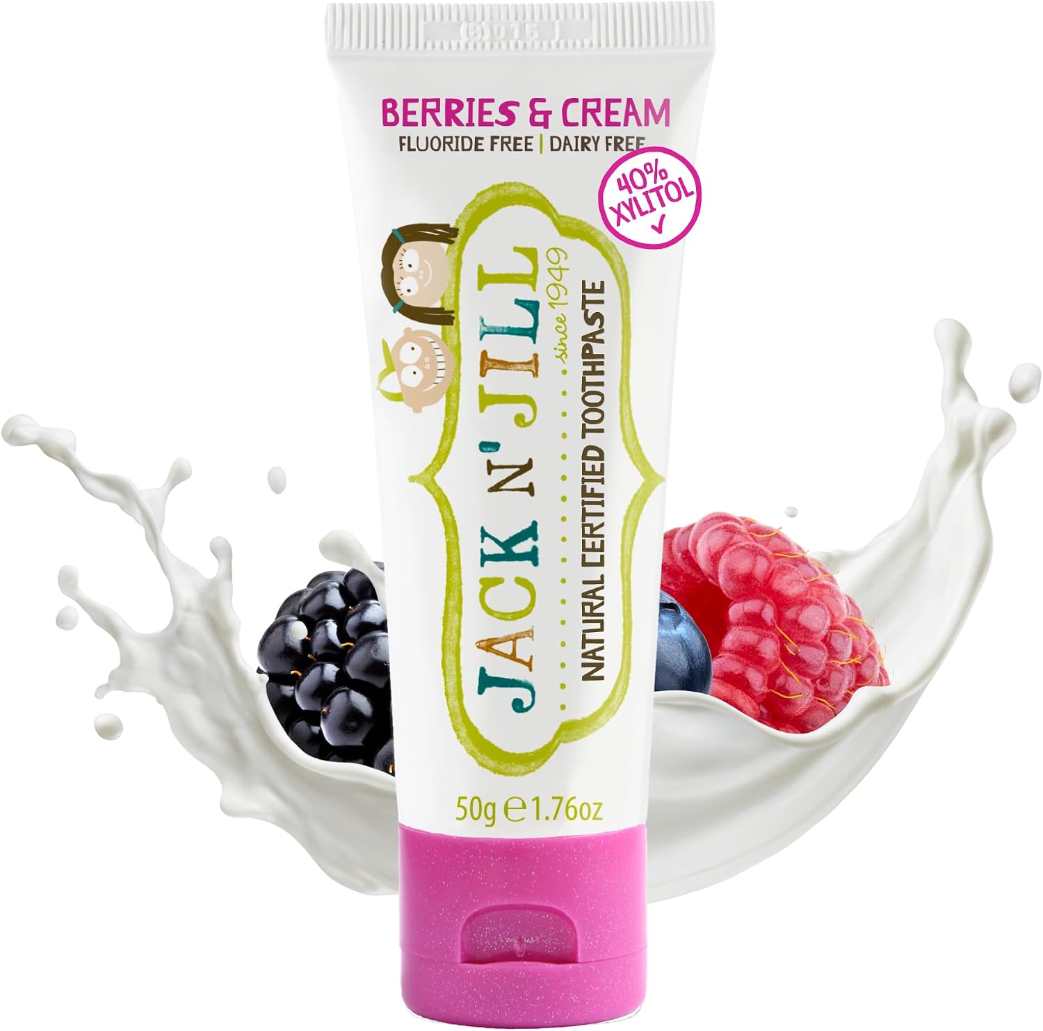 Jack N' Jill Natural Certified Toothpaste Berries & Cream, toothpaste tube packaging, berries and cream flavour, 50g
