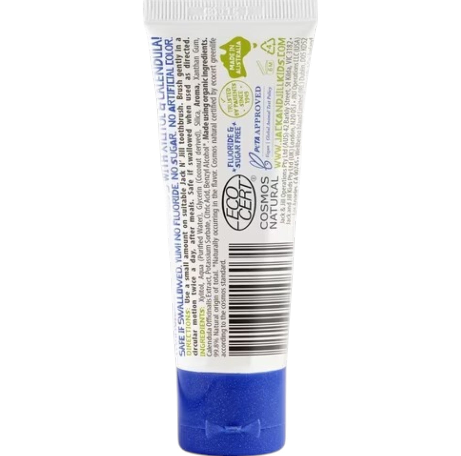 Jack N' Jill Natural Certified Toothpaste Bubblegum, toothpaste tube packaging, bubblegum flavour, 50g, barcode