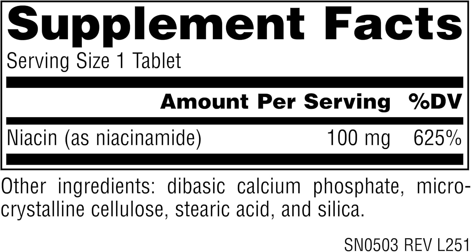 Supplement facts & ingredients image: Source Naturals Niacinamide vitamin B3 100mg tablets ingredient panel 100 count