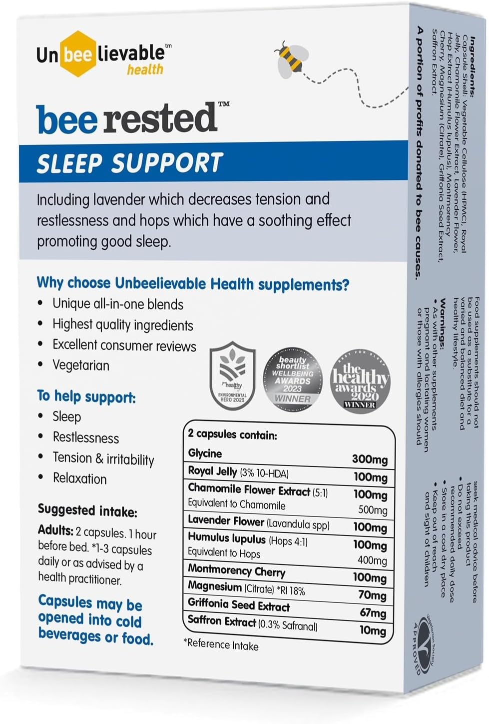 Supplement facts panel and ingredient list for Bee Rested capsules.