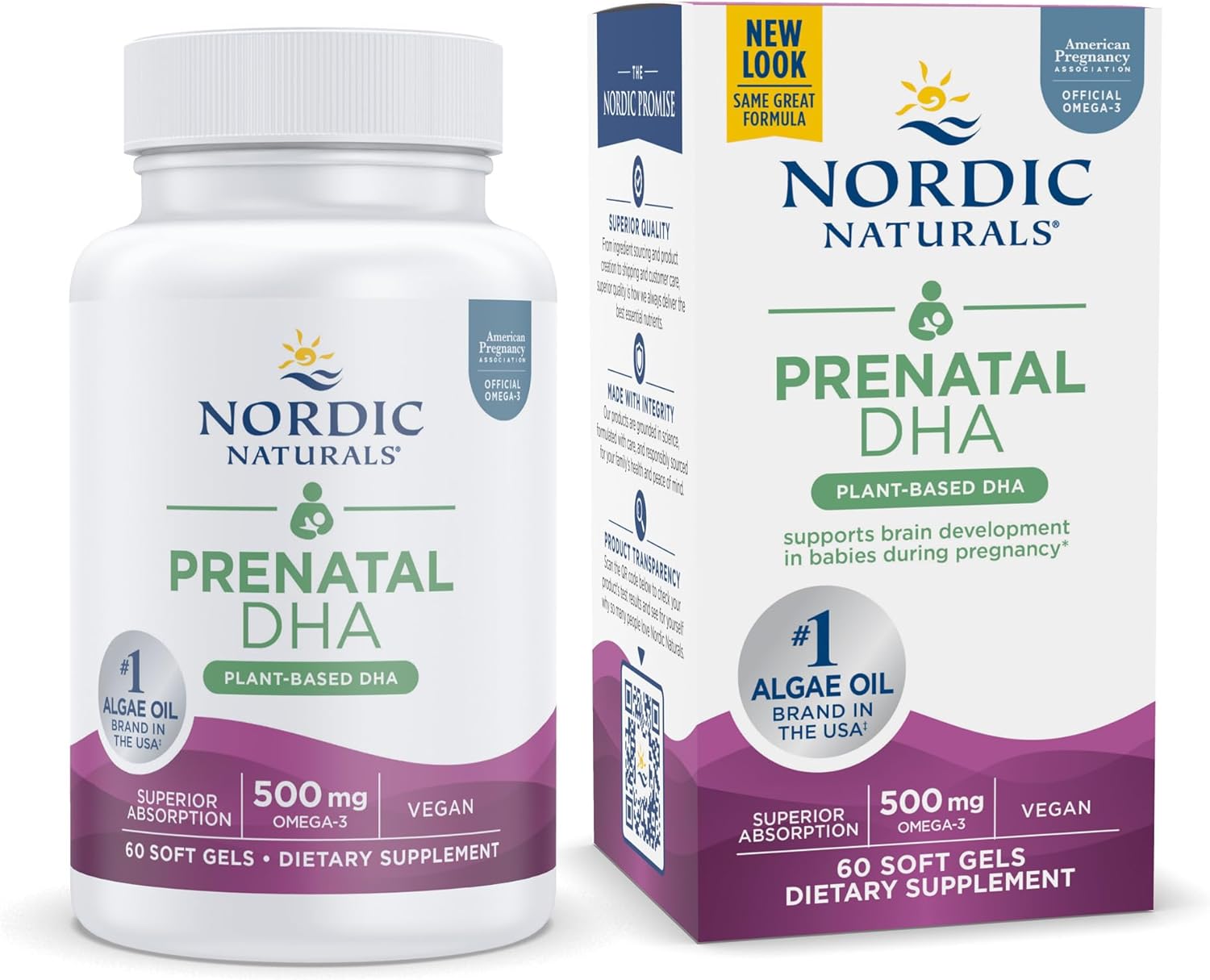 Nordic Naturals Vegan Prenatal DHA 500mg - 60 soft gel bottle & box.