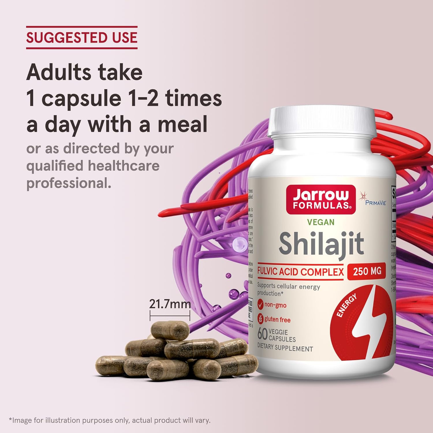 How to Use Image: Jarrow Formulas Shilajit 250mg veggie capsules 60 count usage instructions with meal
