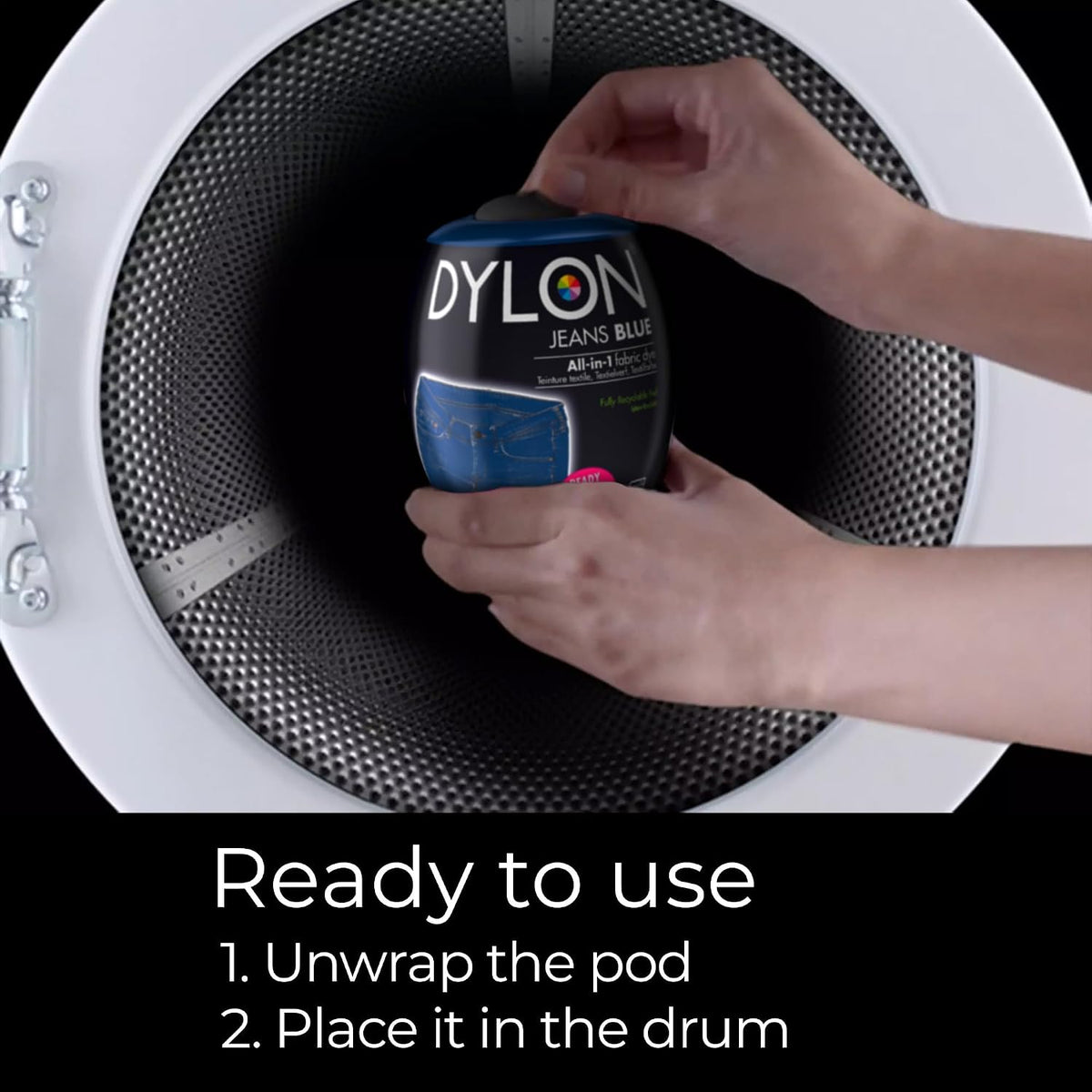 Dylon All-in-1 Washing Machine Fabric Dye Pod Jeans Blue 350g usage instructions packaging