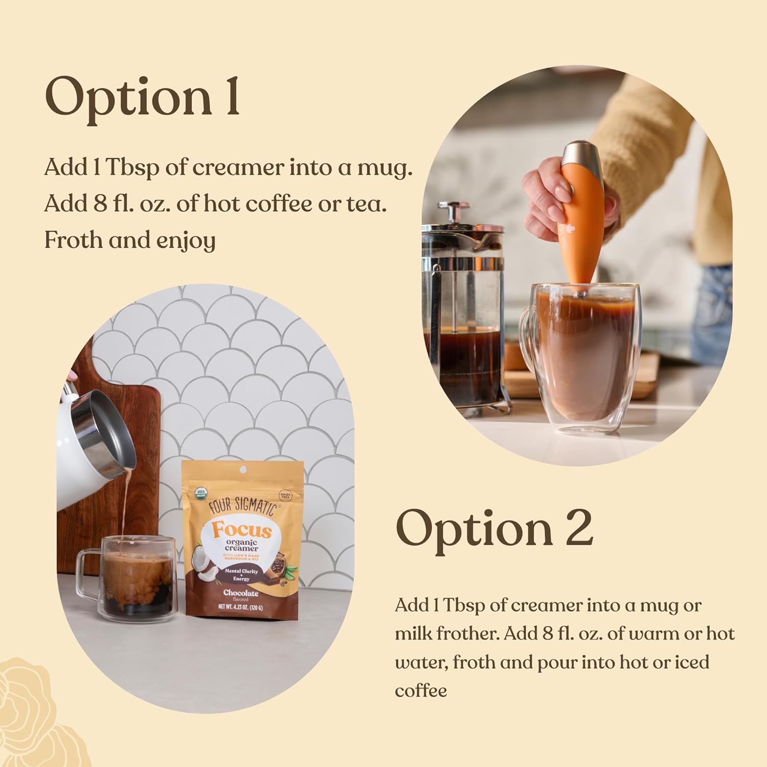 Four Sigmatic Organic Non-Dairy Creamer, Chocolate - 120g. Can enjoy hot or cold.