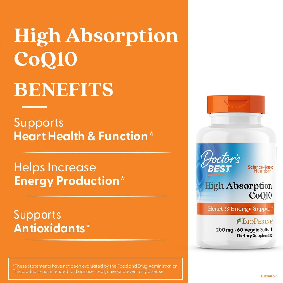 Doctor's Best High Absorption CoQ10 with BioPerine, bottle packaging, no flavour, 200mg, 60 veggie softgels, daily dietary supplement use