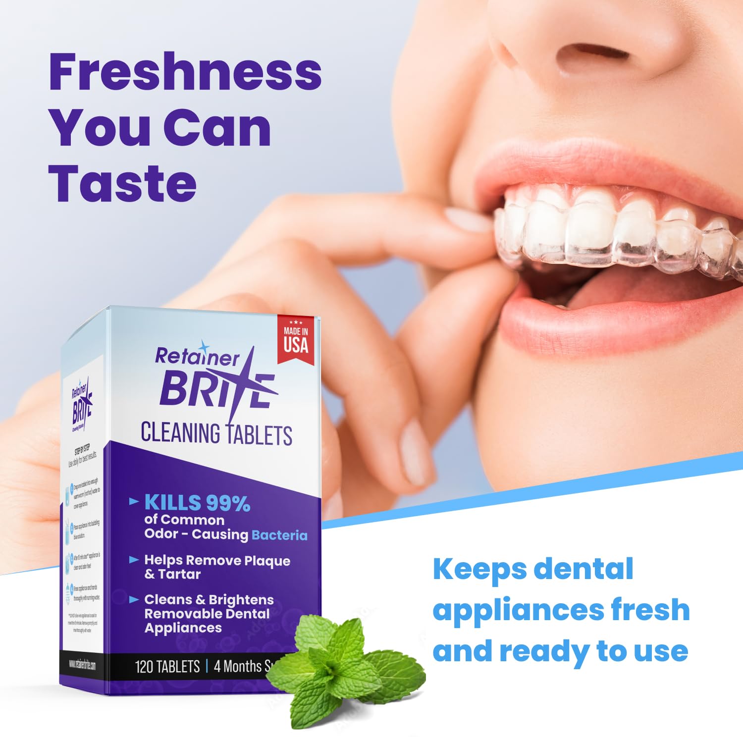 Retainer Brite Cleaning Tablets, cardboard box and tablet packaging, no flavour specified, 96 tablets, removable dental appliance cleaning use