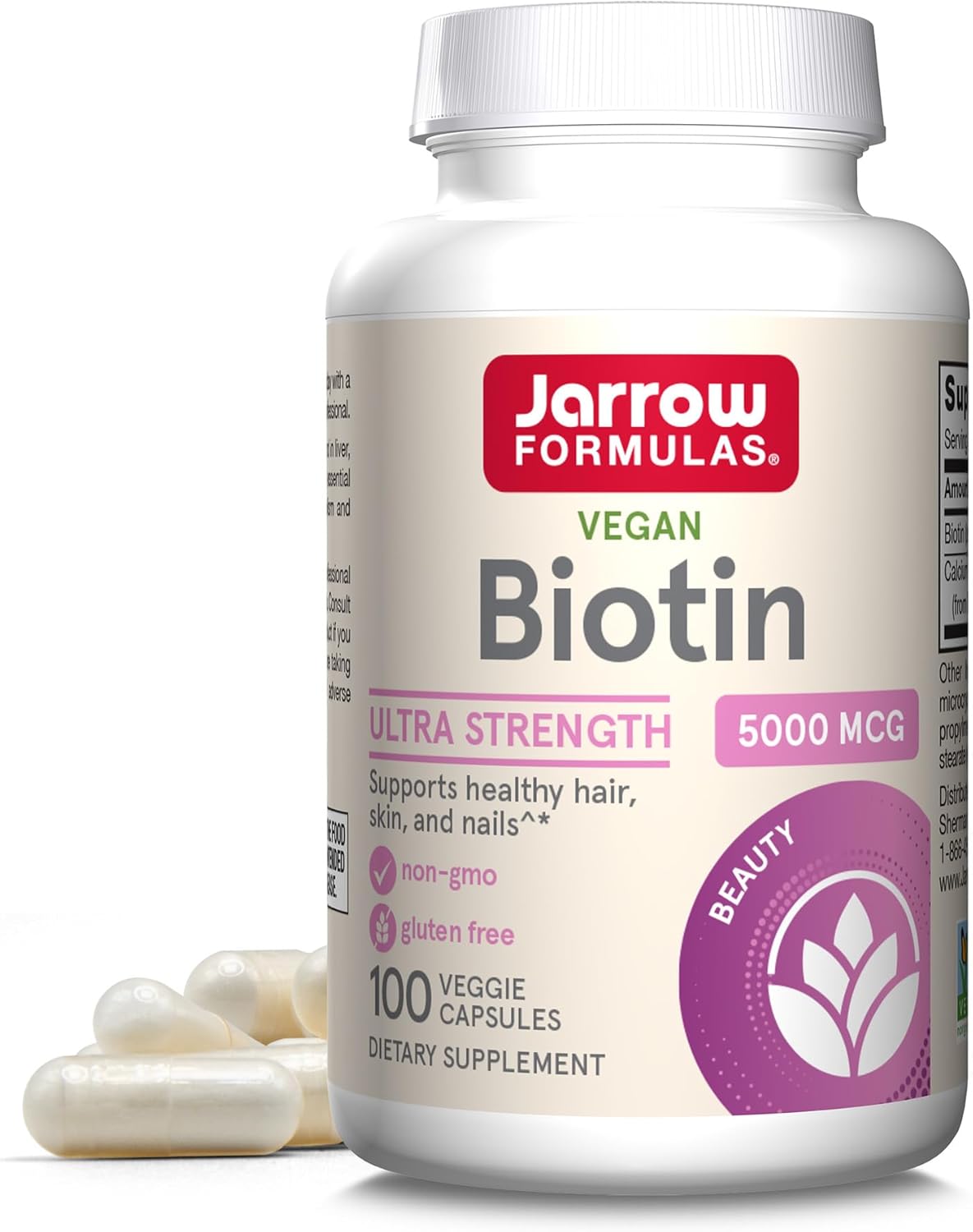 Jarrow Formulas Biotin 5000mcg bottle, 100 veggie capsules.