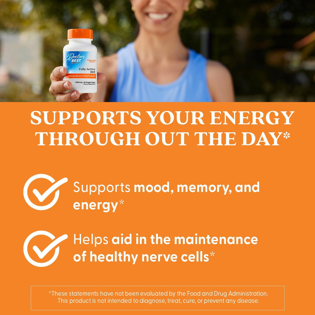 Doctor's Best Fully Active Vitamin B12, bottle packaging, unflavoured, 1500mcg, 60 or 180 veggie capsules, daily dietary supplement use