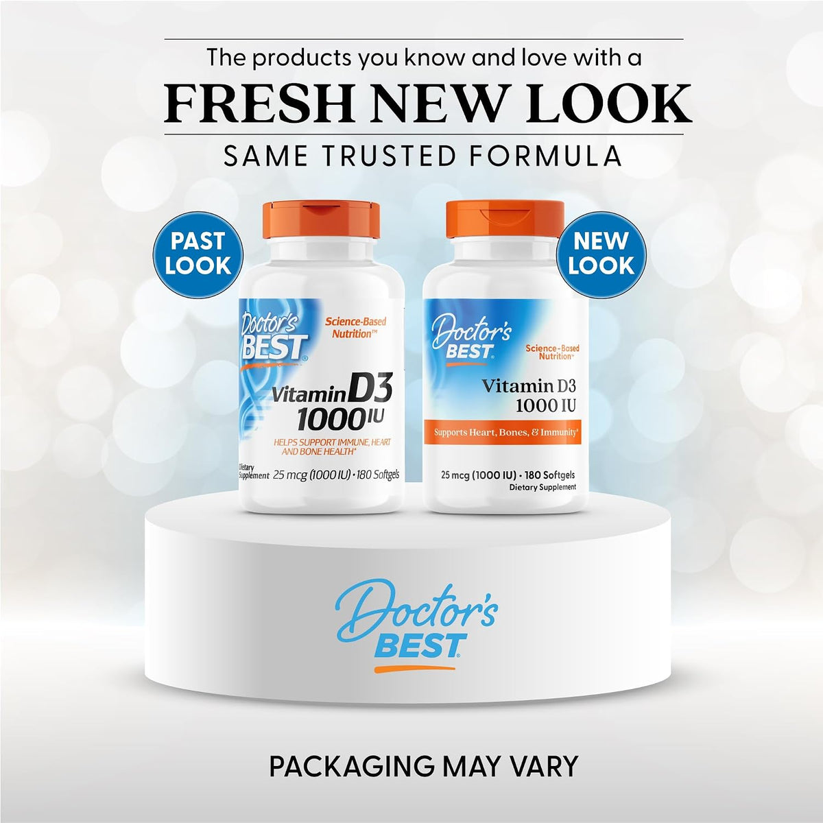 Doctor's Best Vitamin D3, bottle packaging, unflavoured, 1000 IU 25mcg, 180 softgels, new packaging
