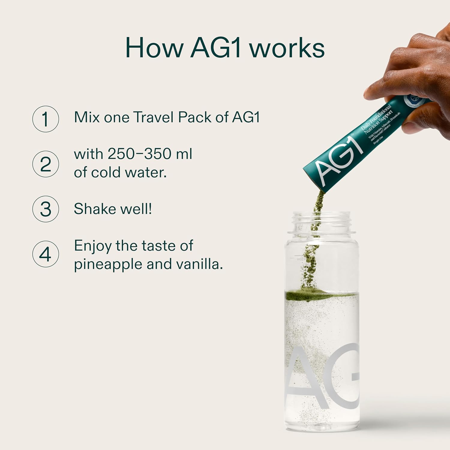 AG1 Greens Powder Supplement stick packs pineapple vanilla 5 x 13g mixing instructions