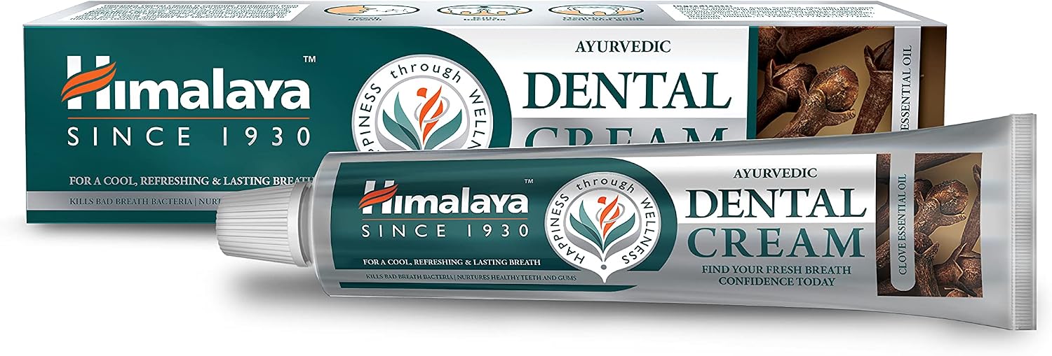Himalaya Ayurvedic Dental Cream with Clove Oil, toothpaste tube packaging, clove flavour, 100g